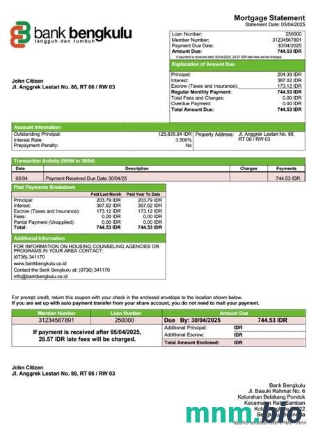Indonezja Bank Bengkulu wyciąg z kredytu hipotecznego szablon Word i PDF